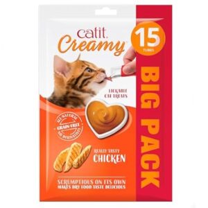 Catit Creamy Chicken Lickable Cat Treats for Cats and Kittens Catit Creamy Chicken Lickable Cat Treats are delicious creamy snacks designed for cats and kittens who enjoy smooth and flavourful treats. Made with chicken and carefully selected ingredients, Catit Creamy Chicken Lickable Cat Treats provide a tasty reward that cats love. These Catit Creamy Chicken Lickable Cat Treats feature a creamy texture that allows cats to lick the treat directly from the tube. This interactive feeding style makes Catit Creamy Chicken Lickable Cat Treats perfect for bonding time with your pet. Grain-Free Lickable Cat Treat One of the key benefits of Catit Creamy Chicken Lickable Cat Treats is their grain-free formula. This makes the treat suitable for cats that prefer grain-free snacks or have sensitive digestion. Benefits include: ✔ Grain-free cat treat recipe ✔ Delicious chicken flavour ✔ Smooth creamy texture ✔ Suitable for cats and kittens Perfect Treat for Training and Rewards Many pet owners use Catit Creamy Chicken Lickable Cat Treats as a training reward or daily snack. The creamy texture makes it easy for cats to enjoy while strengthening the bond between pet and owner. You can serve Catit Creamy Chicken Lickable Cat Treats directly from the tube, mix them with food, or offer them as a special treat during playtime. Convenient Multipack This multipack includes 15 tubes of 10g, ensuring you always have fresh Catit Creamy Chicken Lickable Cat Treats available for your cat. Each tube provides a perfectly portioned serving, making Catit Creamy Chicken Lickable Cat Treats easy to store and simple to serve. Why Choose Catit Creamy Chicken Lickable Cat Treats? Cat owners choose Catit Creamy Chicken Lickable Cat Treats because they combine flavour, convenience, and quality ingredients. ✔ Creamy lickable cat treat ✔ Grain-free cat snack ✔ Delicious chicken flavour ✔ Suitable for cats and kittens ✔ Convenient 15-tube multipack Give your pet a delicious and creamy snack with Catit Creamy Chicken Lickable Cat Treats.