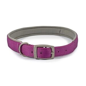 Adjustable dog collar in purple with padded soft-touch finish and satin buckle