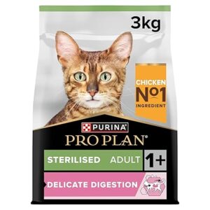 PRO PLAN Sterilised Adult 1+ Delicate Digestion Chicken Dry Cat Food 3kg - High-quality food with chicken and prebiotic fibers to support healthy digestion in sterilized adult cats.