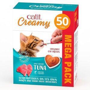 Alt Text: Catit Creamy Tuna Lickable Cat Treats 50 Pack – Creamy tuna flavored lickable treats for cats, packaged in convenient tubes for easy portion control.