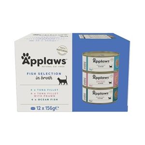 "Applaws 100% Natural Wet Cat Food – Fish Selection in Broth – 156g Tin (Pack of 12)"