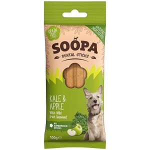 Soopa Kale and Apple Dental Sticks Dog Treat, 100g – Wheat-Free, Low-Fat Chews for Healthy Teeth and Gums