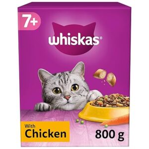 Whiskas 7+ Senior Cat Dry Food Chicken 5 x 800g Bags - Healthy Meal for Older Cats