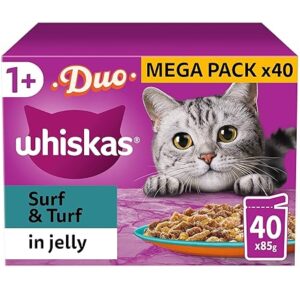 "WHISKAS 1+ Adult Wet Cat Food Pouches – Surf & Turf in Jelly – 40 x 85g"