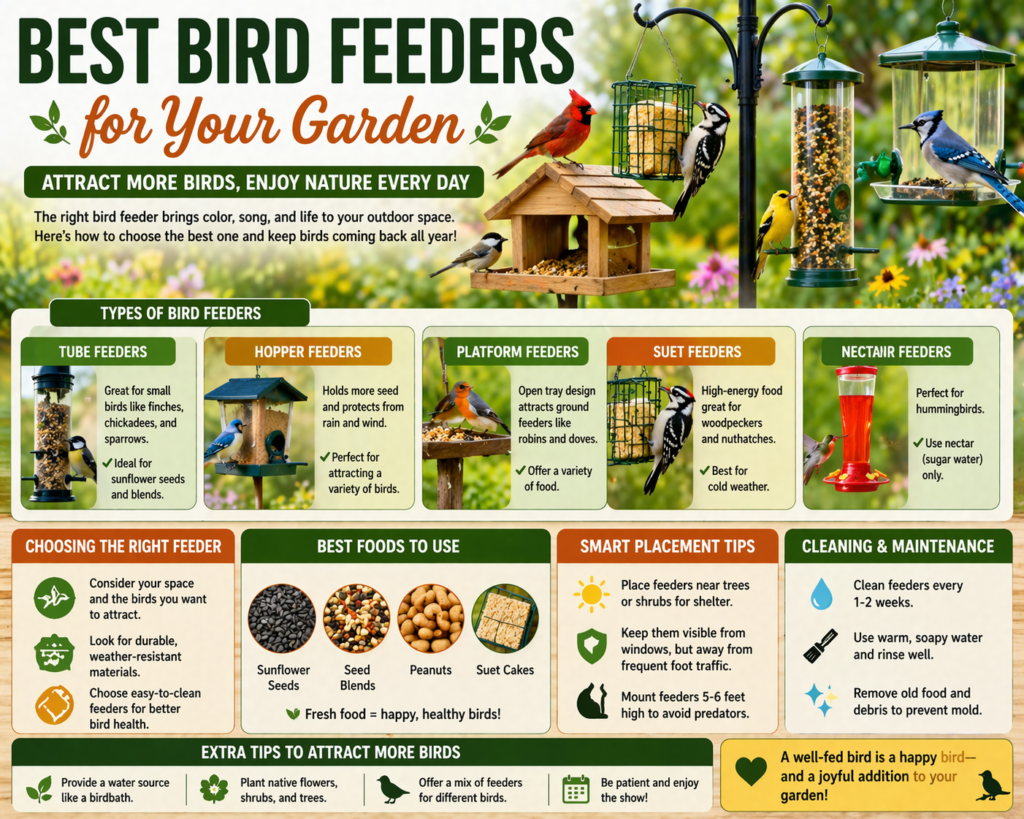 “Best Bird Feeders for Your Garden” showing several feeder types in a garden setting, including tube, hopper, platform, suet, and nectar feeders, with tips on bird food, feeder placement, cleaning, and how to attract more birds.