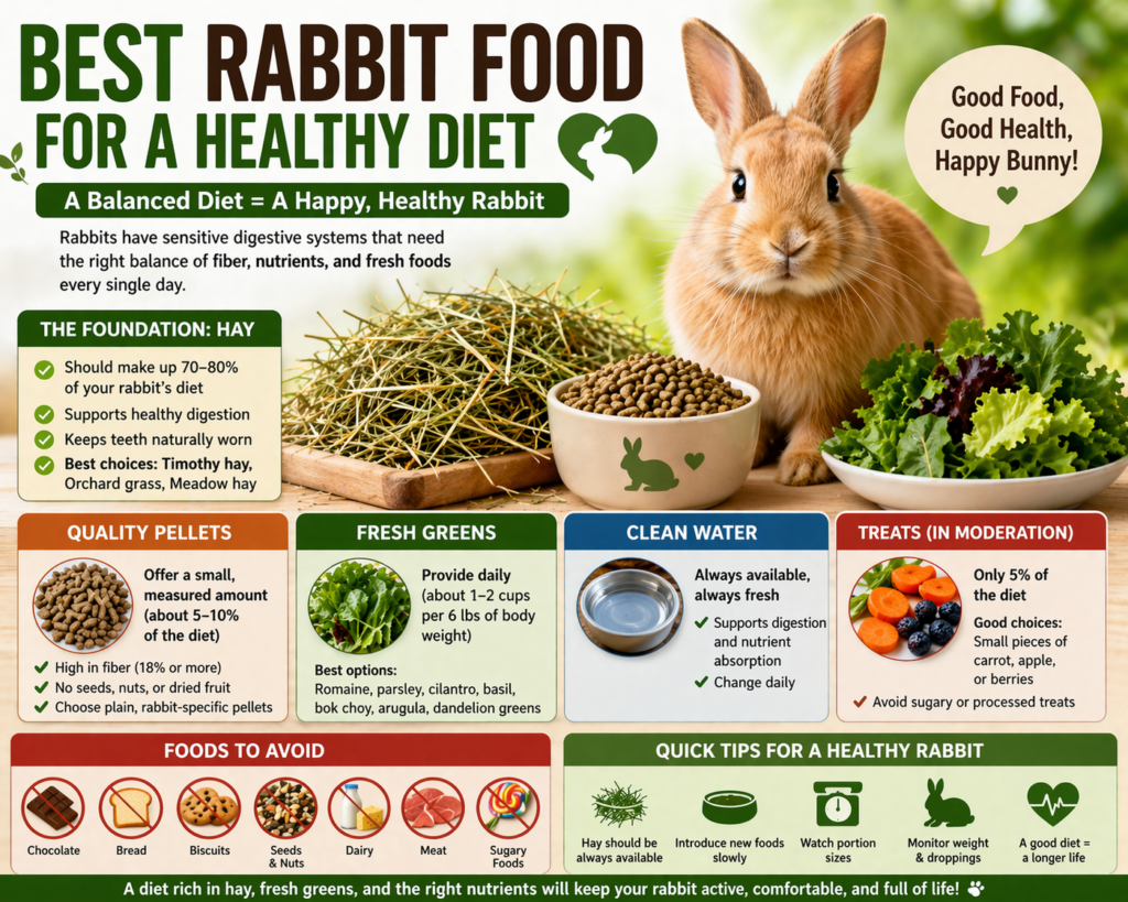 Best Rabbit Food for a Healthy Diet” showing a rabbit beside hay, pellets, and fresh leafy greens, with sections explaining healthy rabbit nutrition, clean water, treats in moderation, foods to avoid, and daily feeding tips.