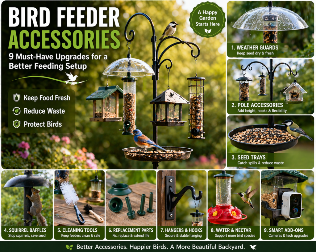 bird feeder accessories in a backyard setup, including weather guards, pole accessories, seed trays, squirrel baffles, cleaning tools, replacement parts, hooks, nectar feeders, and smart camera add-ons.