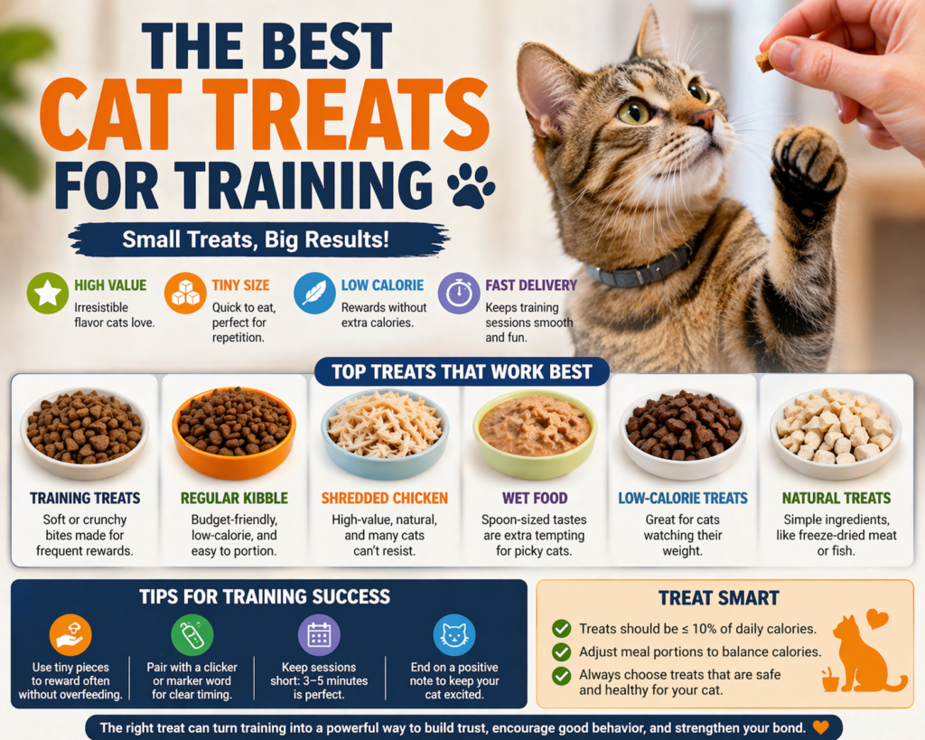 best cat treats for training, showing a cat reaching for a treat and highlighting top reward options such as training treats, kibble, shredded chicken, wet food, low-calorie treats, and natural treats, with tips for clicker training and portion control.