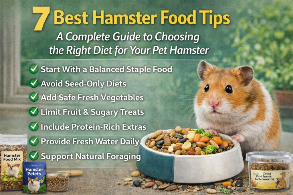 7 Best Hamster Food Tips” showing a Syrian hamster beside a bowl of balanced hamster food, with feeding advice about staple food, avoiding seed-only diets, adding safe fresh vegetables, limiting sugary treats, including protein-rich extras, providing fresh water, and supporting natural foraging.