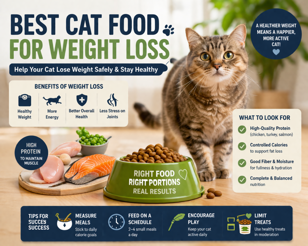 “Best Cat Food for Weight Loss” showing a tabby cat beside a bowl of kibble, fresh protein ingredients, and panels explaining weight-loss benefits, key food features, and feeding tips for healthier weight management.