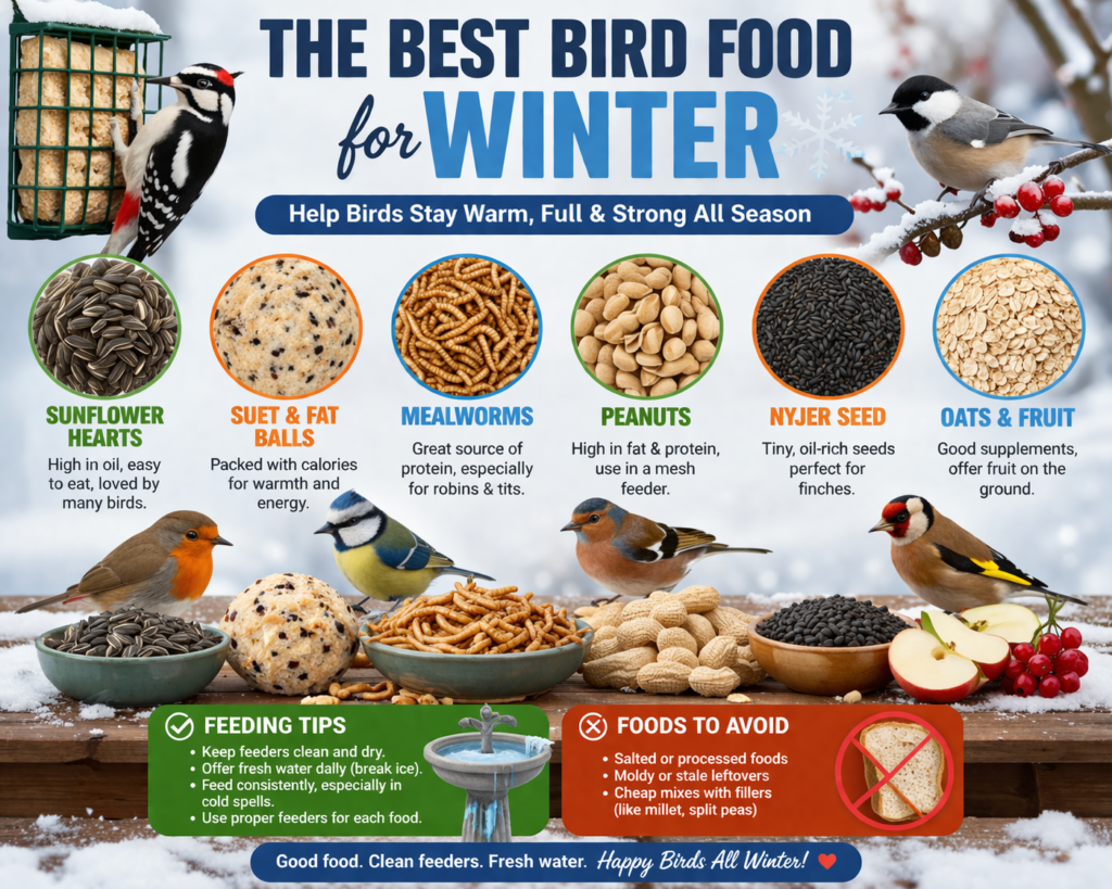 best bird food for winter, including sunflower hearts, suet and fat balls, mealworms, peanuts, nyjer seed, and oats with fruit, plus feeding tips and foods to avoid in snowy outdoor conditions.
